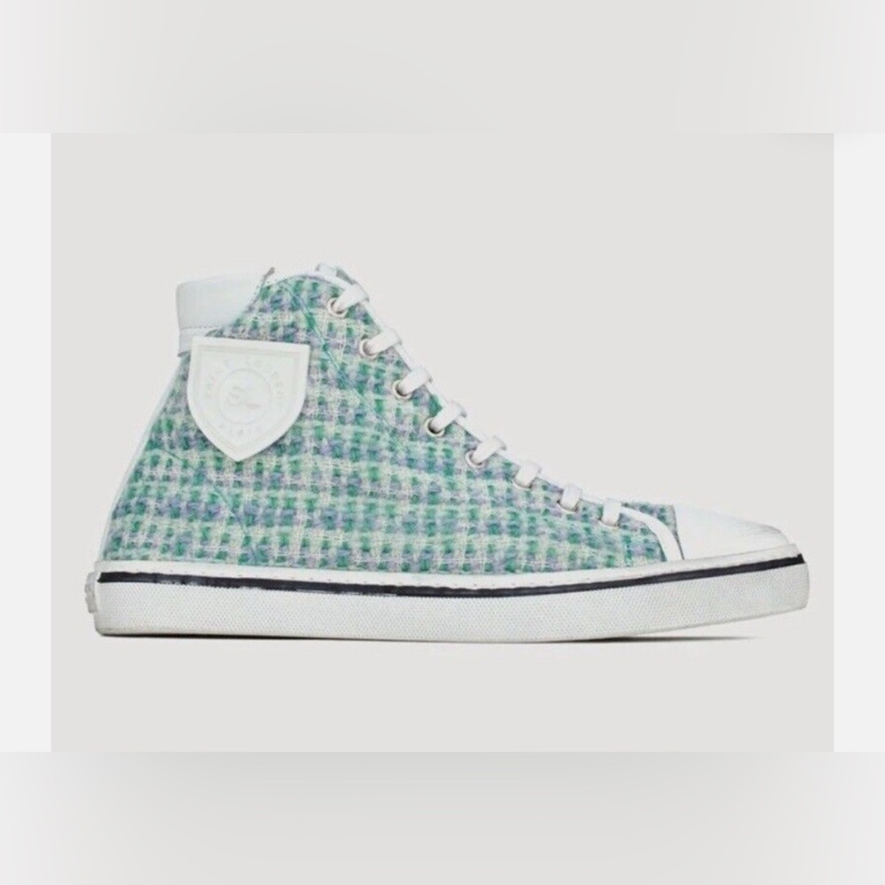BNIB - Saint Laurent Bedford Tweed & Leather Turquoise Mid Top Sneakers - Size 7